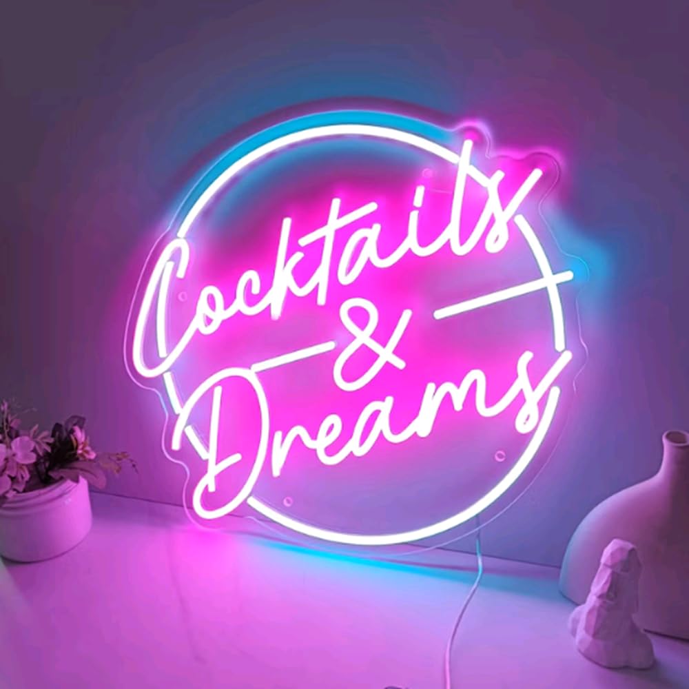 Cocktails and Dreams Neon Sign, Cocktails Bar Wall Decor Art